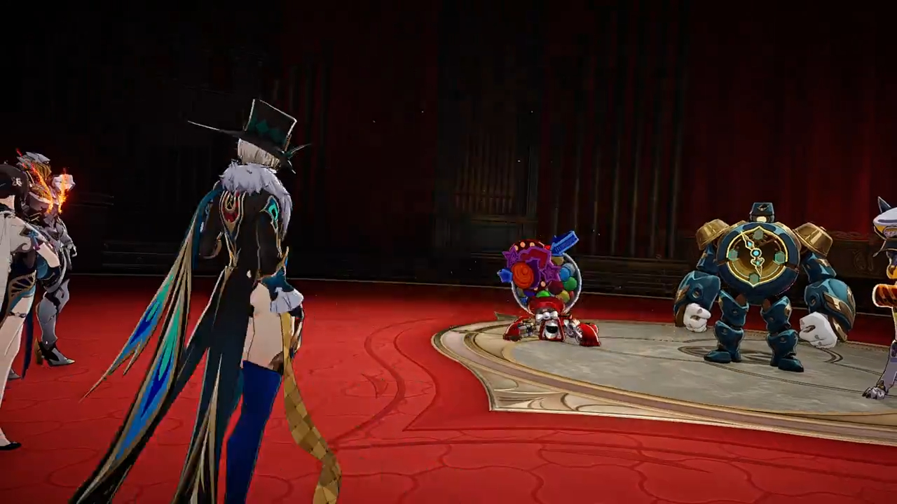 this is a still from an anime video game. the main character, a female in a black and white costume, with a top hat, and large blue and green wings, is standing in the center of the image, facing to the left. on the left side of the image is another female character in a blue, white, and gold costume. on the right side, there are 2 robots. the one in front is blue and gold and has a large clock face on its chest. the one behind it is white, yellow and gold. the background is a red and gold stage.