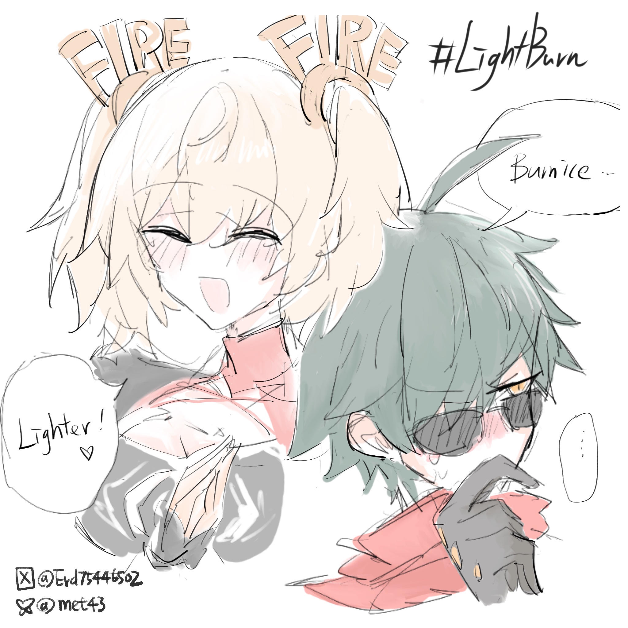 he image is a fanart drawing of two animestyle characters, a girl with blonde hair and a boy with dark green hair. the girl is smiling and blushing, her chest is slightly exposed, and she is hugging the boy from behind. the boy is blushing and looking down, seemingly shy. they both have a "fire" word written above their heads. there are also speech bubbles with words like "lighter", "bunnie", and "#lightburn", which seems to be a ship name for these characters. the art style is soft and sketchy, with soft colors and simple lines. the overall atmosphere is sweet and romantic. the drawing is labeled with artist's information at the bottom.