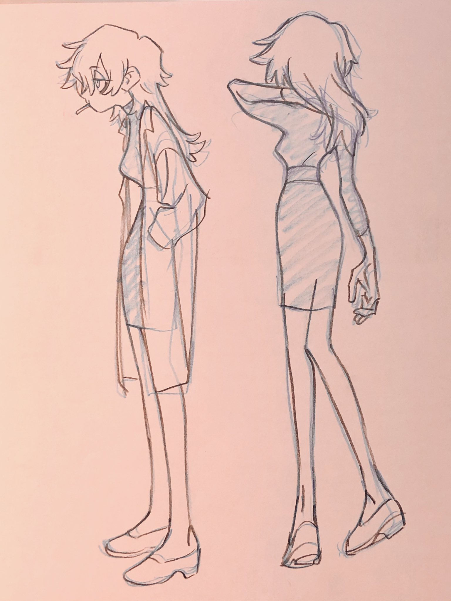 the image is a sketch of a female figure in two different poses.  the figure is wearing a collared shirt, a skirt, and a jacket.  the first pose, the figure has their head down and is facing the left; the second pose, the figure is stretching with their arm up, also facing the left.  the background is a light pink.