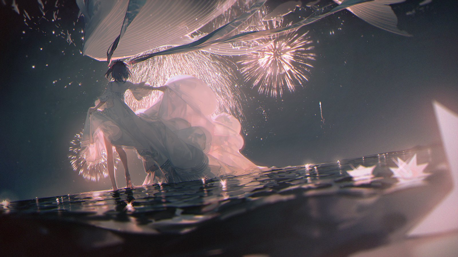 an animestyle drawing of a woman in a long flowing white dress standing on a body of water with fireworks in the background. the fireworks are reflected in the water.