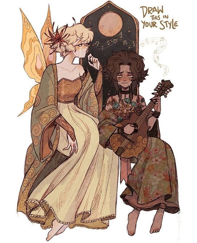 the image shows two female characters. the one on the left is a fairy with large wings and a flowing gown. the one on the right is a human, she is playing a guitarlike instrument. the background is a dark, whimsical landscape with a full moon and stars, there are musical notes floating through the air. the characters appear sad, with tears on their cheeks. the image has a dreamy, whimsical aesthetic.