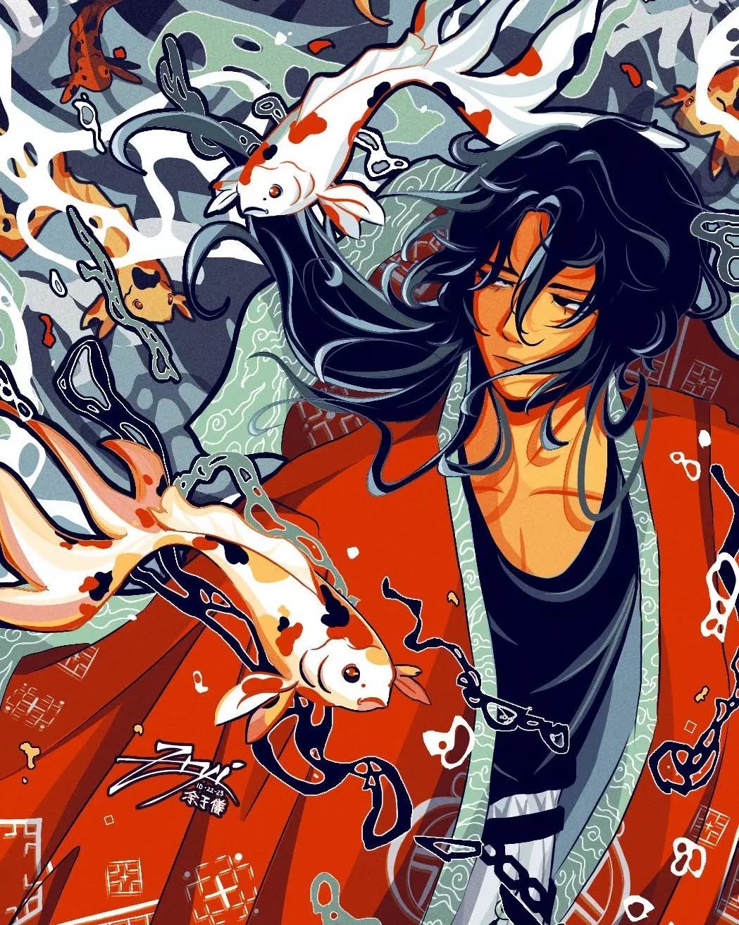 the image is a vibrant digital painting or illustration featuring a stylized anime or mangastyle male character. the character has long, dark hair and is dressed in a striking red kimono adorned with intricate patterns and designs.  several koi fish, depicted in shades of orange, white, and black, swim around him, appearing to flow from or through his hair and clothing.  the overall aesthetic is mystical and artistic, with a blend of realistic and fantastical elements. the background features swirling patterns and textures that complement the character and koi fish. the color palette is rich and saturated, with bold reds, deep blacks, and contrasting light blues and greens.  the artistic style showcases attention to detail, particularly in the character's clothing and the flowing movement of the koi.