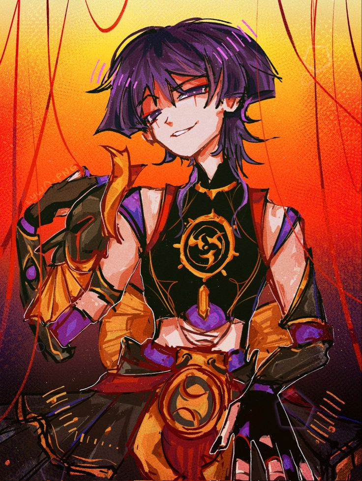 the image is a digital illustration of scaramouche from genshin impact. he is positioned in the center and slightly turned, looking at the viewer with a sly smile. he wears an elaborate outfit featuring black, purple, and gold details, emphasizing a fantasy aesthetic. the background is abstract, with warm orange and red hues, resembling curtains or fabric hanging loosely behind the character. the lighting is predominantly warm and artificial, seemingly emanating from the background and casting shadows on the character's clothes.