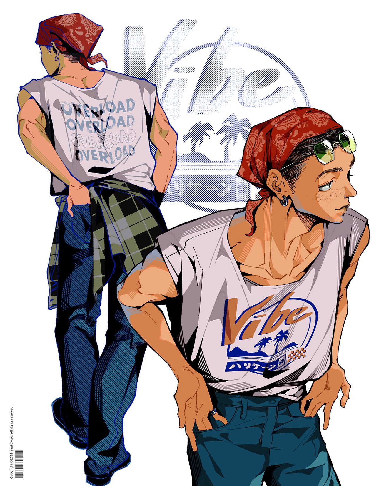 this is a digital illustration of two fashionable men wearing bandanas and graphic tees. one man is facing away from the viewer, while the other is facing towards the viewer. the illustration has a strong anime/manga influence and a limited color palette.