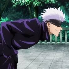 an anime character with spiky white hair and a black blindfold over his eyes is bowing. he's wearing a purple jacket and black pants. the background shows a forest and a white railing.