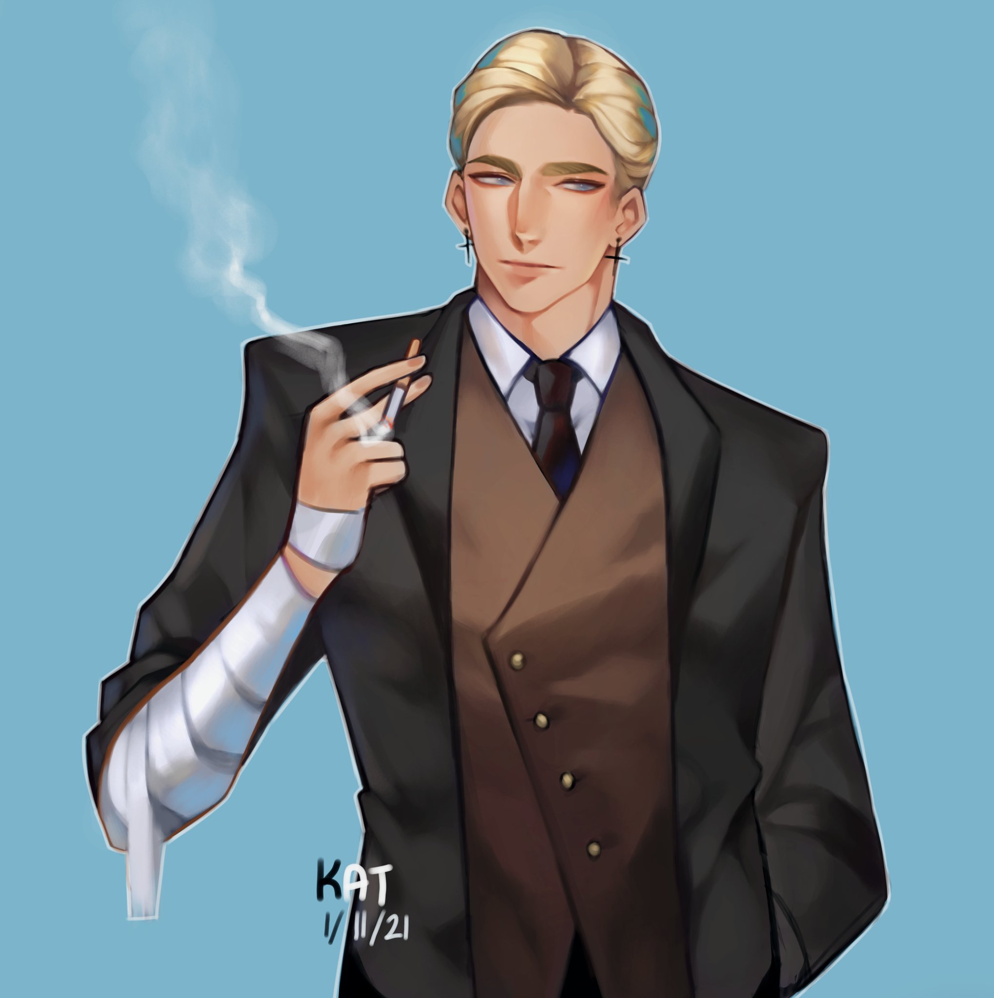 the image is a digital painting or illustration of a stylish young man. he's depicted in a dark threepiece suit with a brown waistcoat.  his blond hair is neatly styled, and he has a cigarette in his hand, exhaling smoke.  his left arm is bandaged, suggesting a possible injury. he has a somewhat serious and expressionless demeanor.  the background is a light blue, and the artist's signature, "kat 1/11/21," is subtly placed in the lower part of the image. the overall style is reminiscent of anime or similar character art.