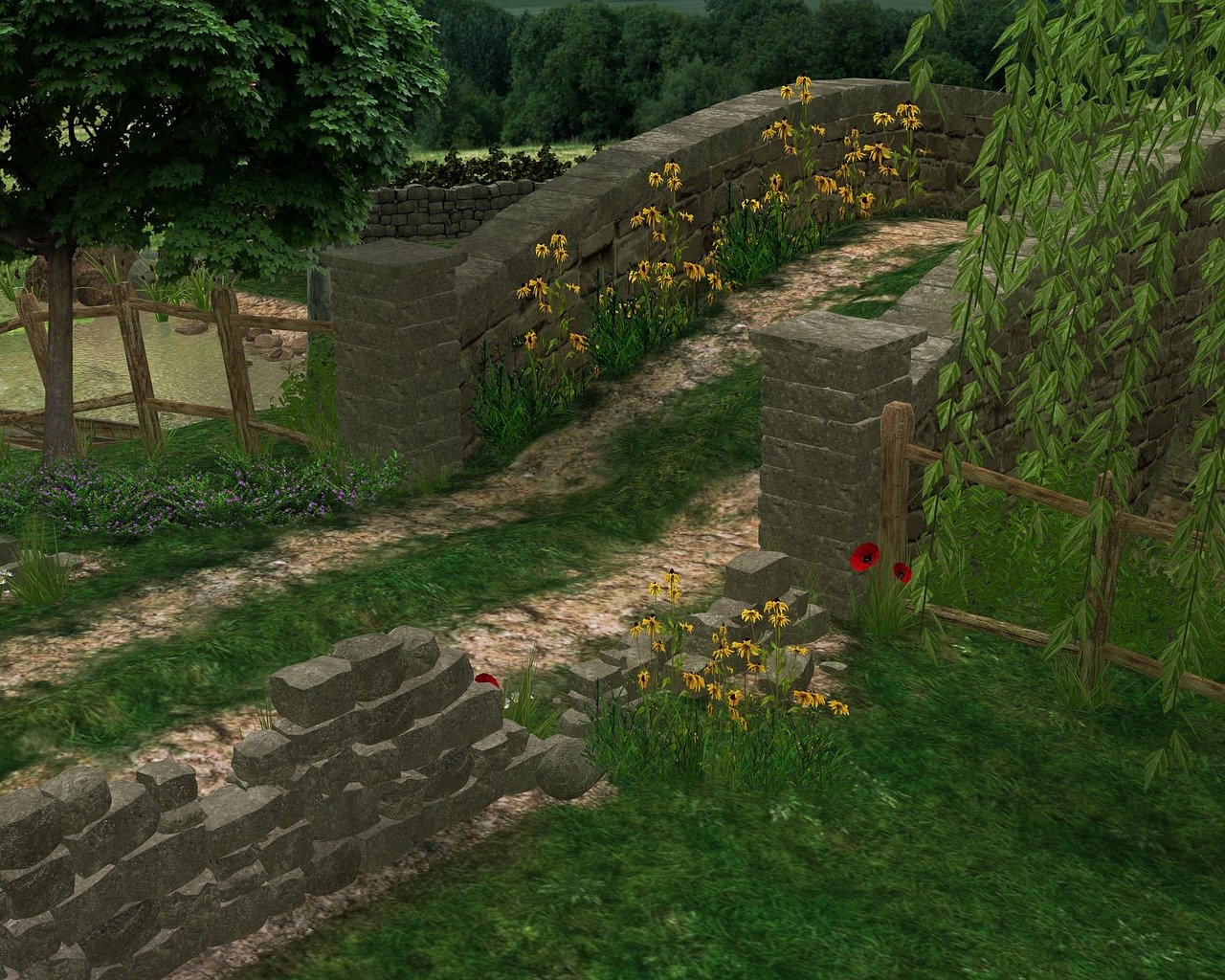 the image depicts a rural landscape featuring a stone bridge adorned with yellow flowers, bordered by lush greenery and trees. a dirt path leads up to the bridge, flanked by a fence on the right and a stone wall on the left. a willow tree is seen on the right side of the bridge, with its drooping branches adding to the idyllic scene. the overall atmosphere is serene and peaceful.