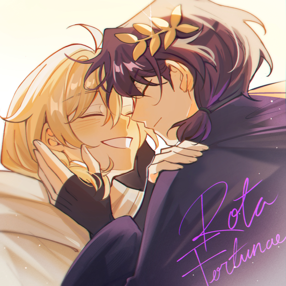 the image is a digital fanart depicting a romantic embrace between two animestyle boys.  the boy on the left has blonde hair and is smiling widely, his eyes closed in happiness. the boy on the right has dark purple hair adorned with a gold leaf crown, also smiling gently with eyes closed. they're holding each other close, their faces nearly touching. the art style is soft and pastel, with a gentle light illuminating the scene.  the phrase "rota fortunae" (wheel of fortune), written in elegant cursive script, is overlaid on the image. the overall mood is one of tender affection and romantic happiness.
