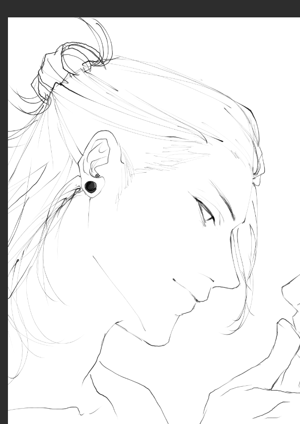 a black and white line drawing of an anime couple in a close up shot. the man is gently holding