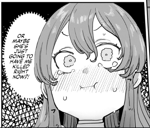 a black and white manga drawing of a girl with long hair styled with bangs. her eyes are wide and teardropshaped with flowers in them. there is noticeable shading on her cheeks and under her chin.  there are droplets of sweat by