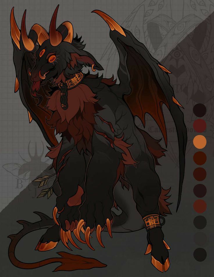 the image shows a stylized creature with a demonic appearance. it has black fur with brown and red accents, large wings, and four horns. it also features goatlike hooves, long claws, and a spiky tail. the creature wears a collar with jewelry. it has multiple eyes and its teeth are bared.