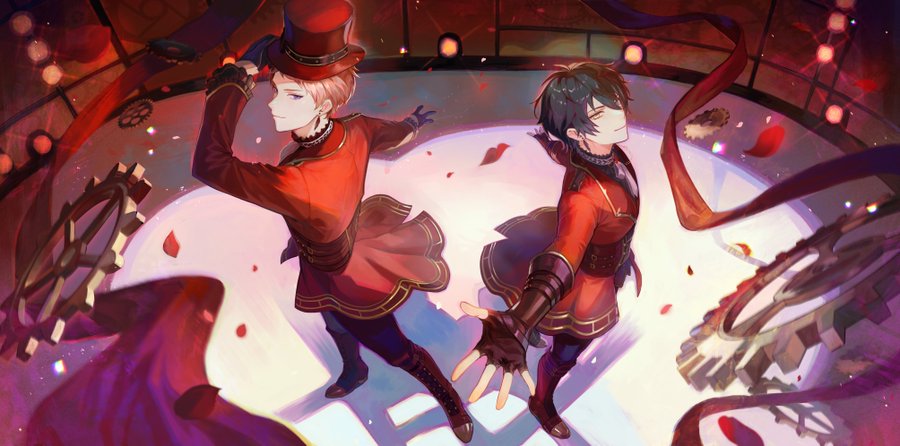 the image shows two male anime characters. they are both in red and black costumes with gear and cogs as accessories. the characters are on a white background with a red rose and petals. the background has a blurred effect of purple and red.