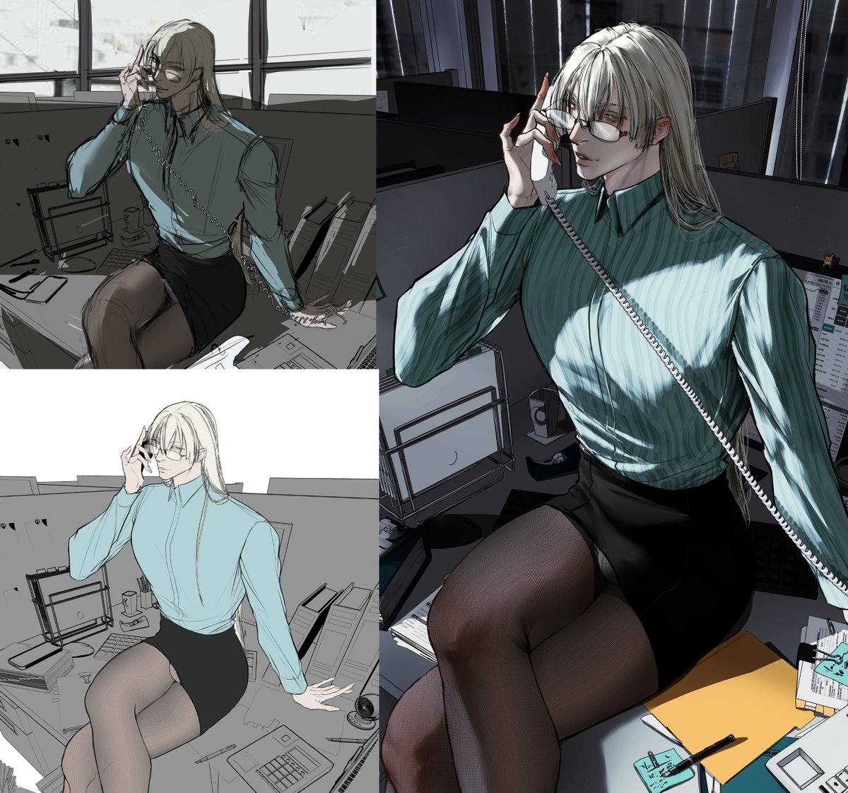 the image shows an anime woman with long white hair, glasses, and a green shirt sitting at a desk in an office. she is on the phone and looking to the right side of the frame. there are papers and a computer on the desk behind her. the image is drawn in a style that uses black, white, gray, green, and blue colors. the image is shaded in a way that makes it look like the light is coming from the right side of the frame.