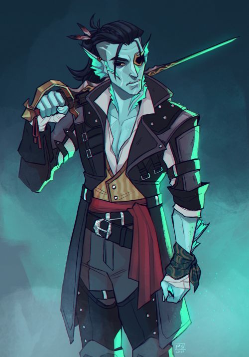 this artwork depicts a fantasy pirate character, a male humanlike being with fishlike fins and gills, wearing black clothing that's typical of a pirate outfit, with a red scarf and a belt with a dagger. the artwork shows the character in a portrait pose, holding a sword in one hand and looking serious, against a blue and green background.