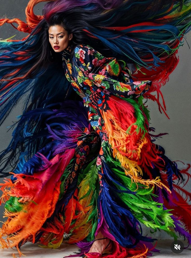 a woman with long, flowing black hair wearing a colorful dress with feathers is posed in a studio. her hair is styled in a dramatic way, and she is wearing a colorful dress with feathers. the background is blurred, and the focus is on the woman.