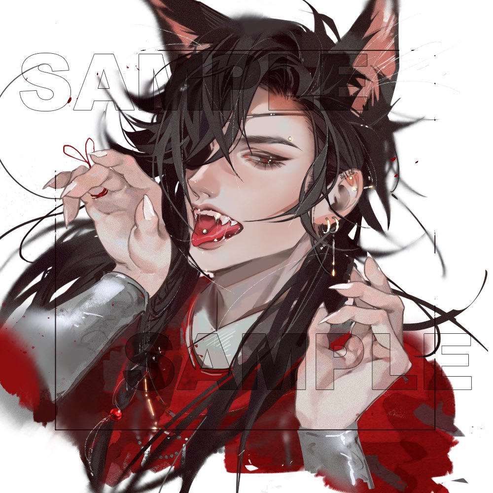 a digital art drawing of an anime boy with black hair, red eyes, and fox ears. he has fangs and is sticking out his tongue. he is wearing a red shirt with a white collar. the image is in soft lighting and is a closeup perspective.