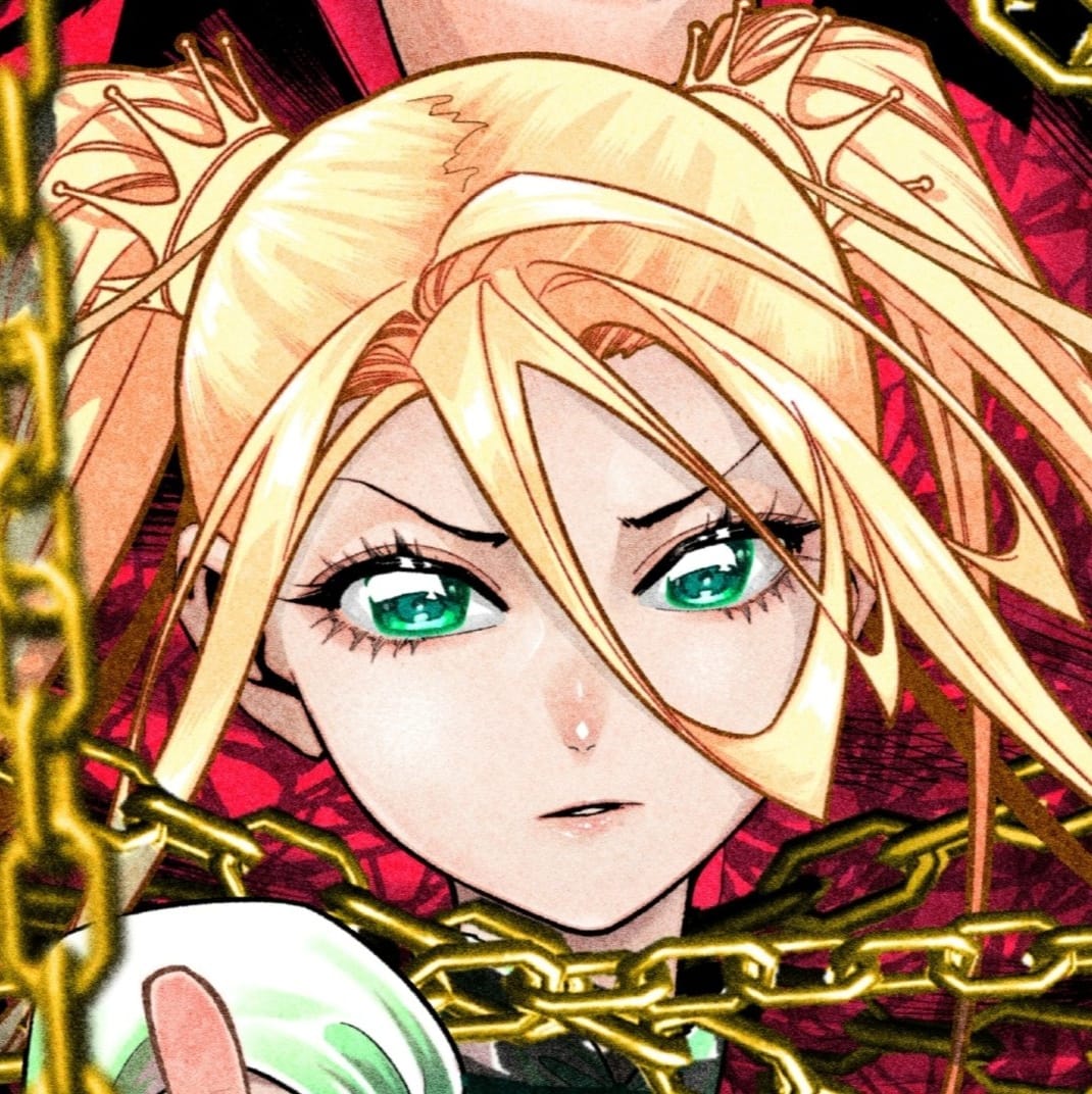 an anime style drawing of a young woman with blonde hair pulled back in two ponytails. she is wearing a crown on each of her ponytails and has bright green eyes. the woman is looking directly at the viewer with a serious expression. the image is set against a red and gold background and the woman is adorned with large gold chains that are tightly wound around her neck. the chains appear to be restricting her.