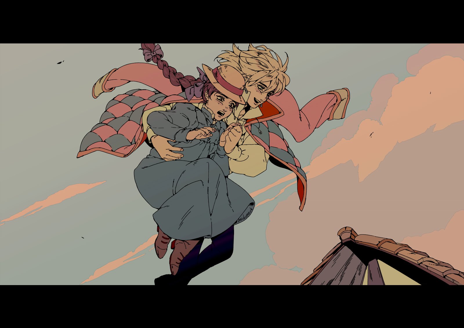 the image features a dynamic illustration of an anime couple, a girl and a boy, flying through the air. the girl is being held by the boy as they both look down with expressions of excitement and fear. the background is a vibrant sky with clouds and a cityscape in the distance. the image has a sense of adventure and excitement, conveying a story of love and magical flight. the vibrant colors and dynamic poses create a strong sense of energy and motion.