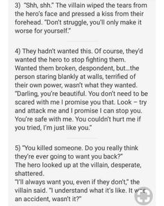 a screenshot of text from a story or writing prompt. the text is dialogue between a villain and a hero, suggesting a possible romance between them.