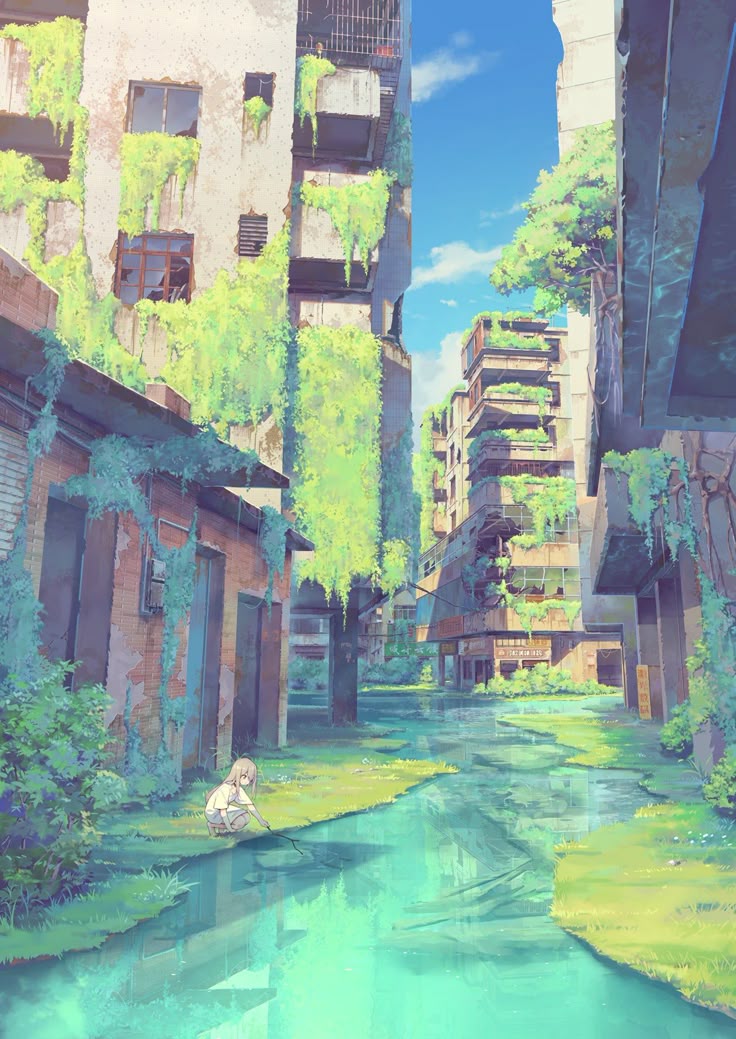 a young girl is sitting by a river, which runs through an overgrown and abandoned city, its buildings decayed and covered in vegetation, in an animestyle illustration.