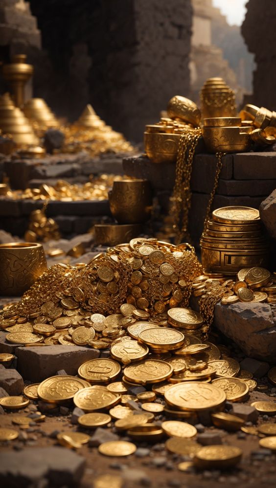 the image showcases a mesmerizing sight of countless gold coins and artifacts piled high amidst the ruins of what appears to be an ancient temple. the warm sunlight filters through the crumbling walls, illuminating the scene with a golden glow.  the sheer volume of treasure suggests a forgotten civilization and whispers tales of immense wealth and forgotten stories.