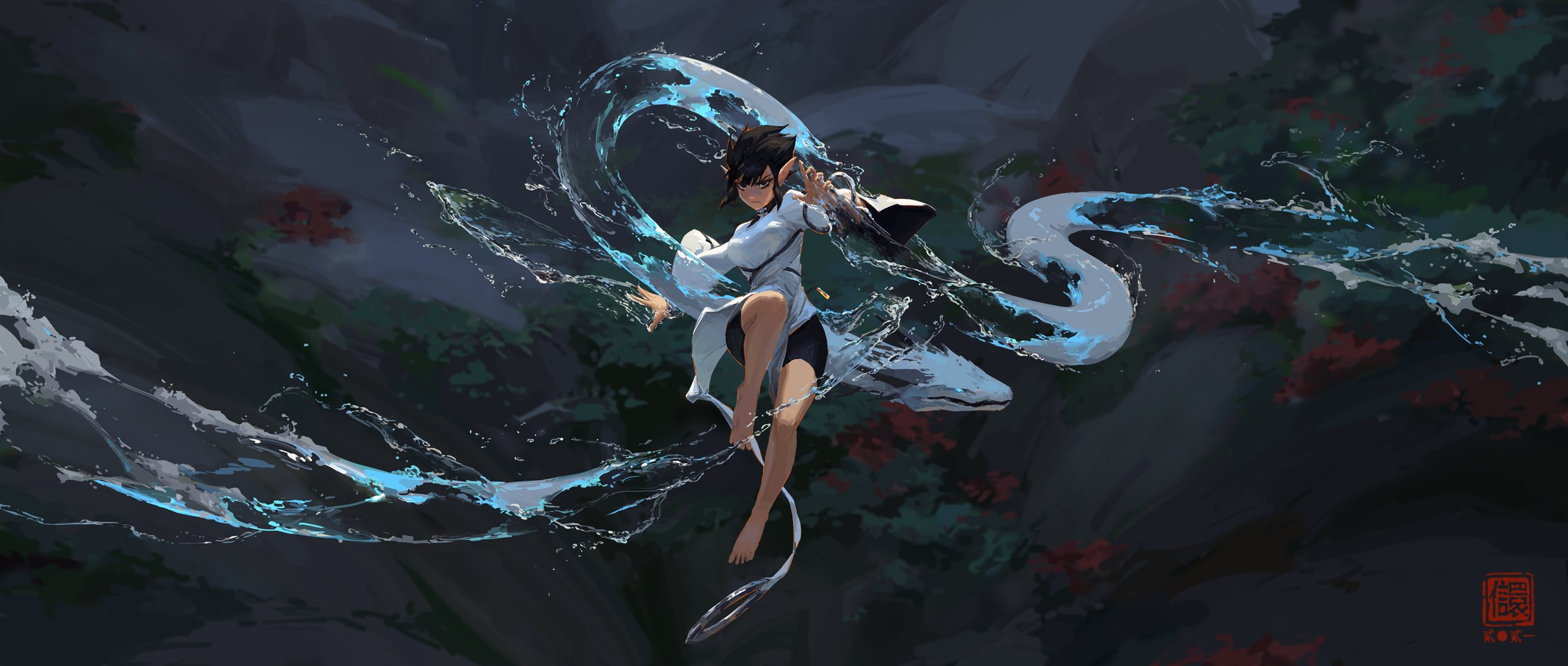 the image is a digital painting or illustration in an anime/manga style, depicting a young woman with short dark hair. she's dressed in a flowing white outfit and is midair, performing a martial art move.  a significant part of the image focuses on a swirling, dynamic stream of bluetinged water that she seems to be manipulating or controlling, possibly as a weapon or part of her power.  the background is dark and atmospheric, featuring suggestive foliage and a moody, painterly style. the overall mood is one of action, grace, and mystical power. the artist's signature, "kok," is visible in a traditionalstyle seal in the bottom right corner.