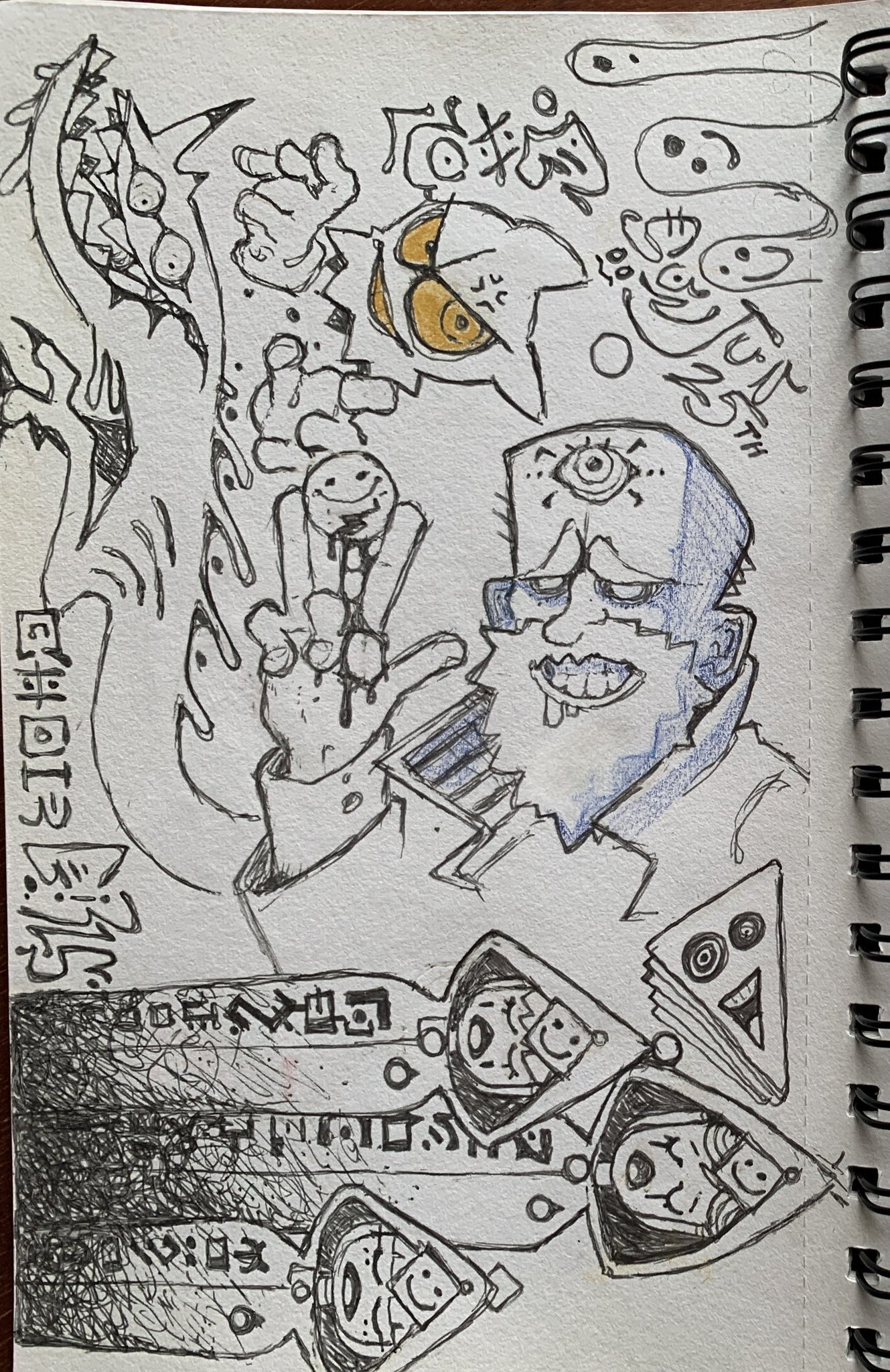 this is a black and white doodle on a sketchbook page of what appears to be a mad scientist surrounded by various doodles that have a very psychedelic and trippy art style.  the main figure is of a man with an abnormally large head, bags under his eyes, and wearing glasses and a lab coat.  the man has three eyes, two on his face, and one on his forehead, and is drooling from the side of his mouth.  the man's hand is outstretched and is holding what appears to be a small, bloodied smiley face button.  the doodles surrounding the man consist of various shapes, patterns, and creatures.  some of these doodles include eyeballs, a winking cat, amoebalike shapes, pyramids with eyes, and more.  the doodles surround the man on all sides and give the overall drawing a very busy and chaotic feel.