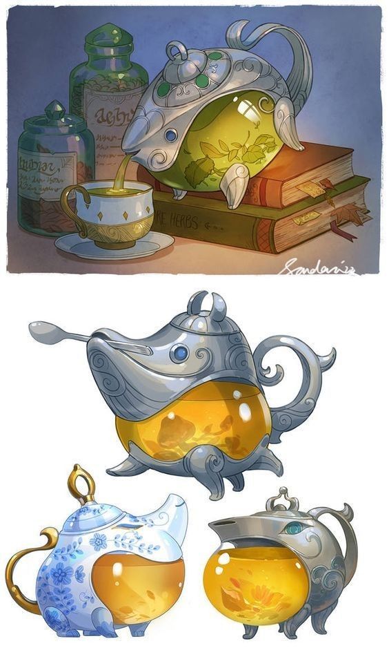 the image is a digital illustration showcasing a collection of fantastical teapots.  the top half depicts a large, ornate silver teapot with a glass belly filled with yellow herbal tea, pouring tea into a delicate porcelain teacup.  beside it are apothecary jars filled with herbs and a stack of old books. the lower half displays three more unique teapots; one resembling a stylized dog or wolf, another is a porcelain teapot with blue floral designs and the last one is a smaller, metal teapot with a glass bulb. each teapot is filled with a golden liquid, suggesting a magical or herbal brew. the style is whimsical and suggestive of fairy tales or fantasy settings. the overall color palette is warm and inviting.
