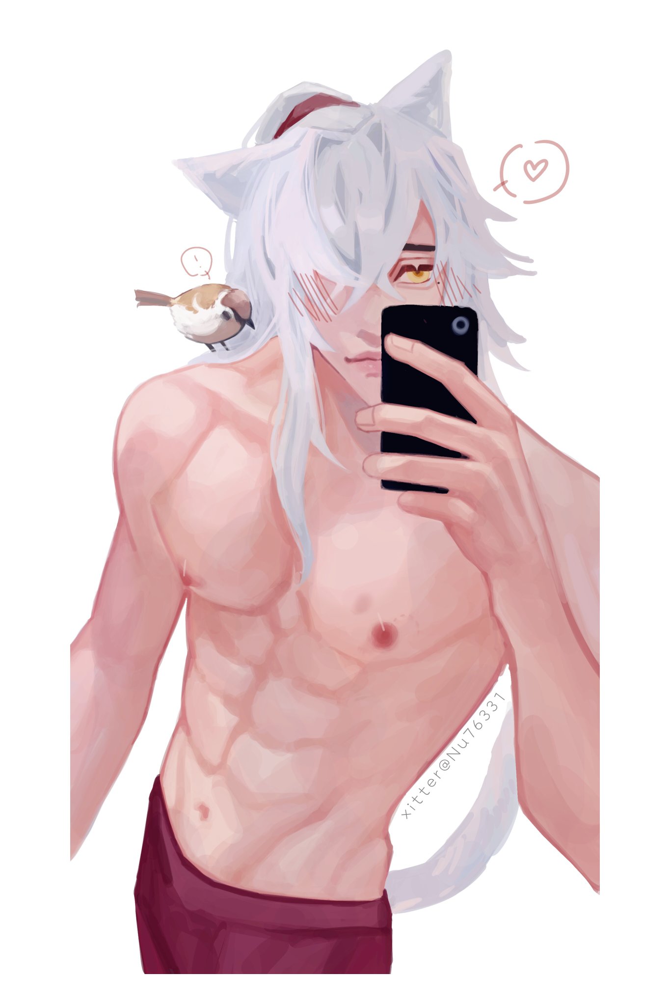 a shirtless anime man with white hair and wolf ears is taking a selfie. he is blushing and has a sparrow perched on his shoulder.