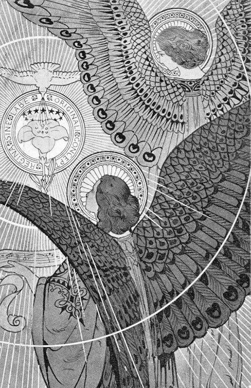 a detailed black and white drawing depicts an angel with large, ornate wings. the angel is surrounded by halos, and there are several other symbols present including a bird, a flower with stars above it, and lettering. the artwork is intricate with fine lines and many small details, giving it a vintage feel.