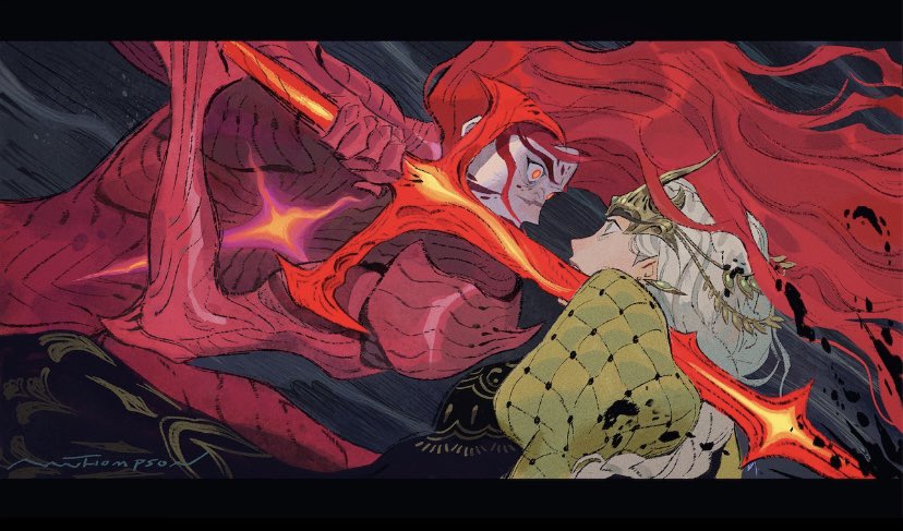the artwork is a dynamic illustration of a fierce battle between two warriors, one red and the other white. the red warrior is a male, with long flowing red hair and a red cloak, holding a sword and a glowing light that seems to emanate from the sword. the white warrior is a female, with a white crown and a goldedged cloak. the two warriors face each other with intensity, ready for a deadly clash. the dark background emphasizes the intensity of the moment. the art style is dynamic and energetic, showcasing the fierce power of the warriors and their battle.