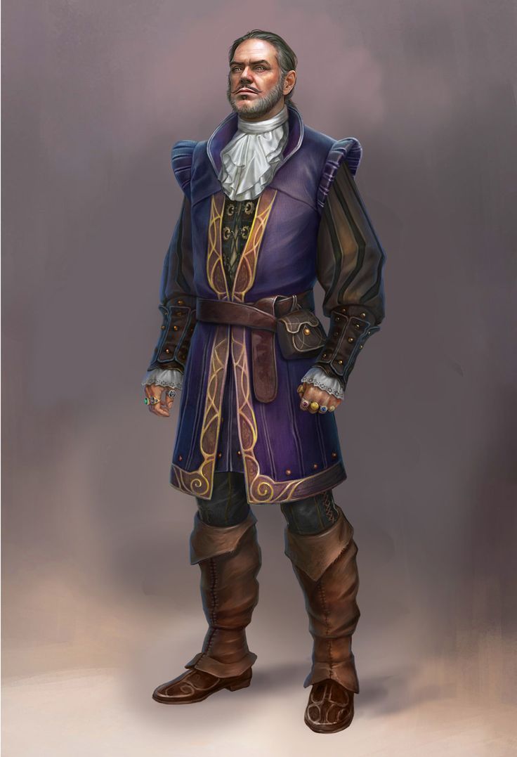 the image is a digital painting or illustration depicting a fantasy character, a middleaged man with a serious expression. he is dressed in elaborate renaissancestyle clothing: a long, purple robe with gold embroidery, a highcollared white shirt with a ruff, brown leather boots that reach midcalf, and a brown leather belt with a pouch. he wears several rings on his fingers. the background is a muted grayishpurple. the overall style suggests concept art for a video game or book illustration. the level of detail in the clothing and facial features is quite high.