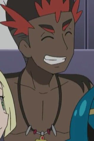 a closeup of an anime character's face. he has red and brown hair. he is smiling happily with his eyes closed. he has brown skin and is wearing a necklace.