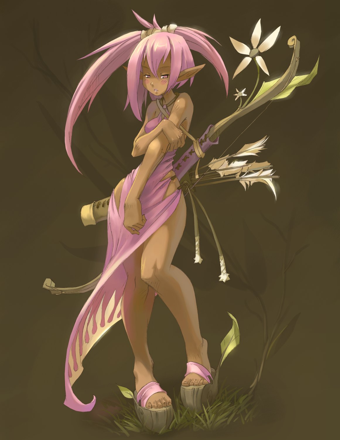 a digital illustration of an anime elf girl with long pink hair. she is dressed in a pink dress and is holding a bow and arrow. she is standing in a forest setting, and there are flowers and plants around her. the illustration is very detailed and the colors are bright and vibrant. the girl has a cute and elegant look, and she seems to be a powerful warrior.