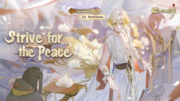 the image shows a scene from a game or anime.  three characters are in the center, with the character on the left holding a sword and the character on the right holding a staff. they are standing in a room filled with lotus flowers. the character on the left is wearing a white robe with gold embroidery. the character on the right is wearing a dark robe with gold embroidery. in the center of the image is the text "strive for the peace".