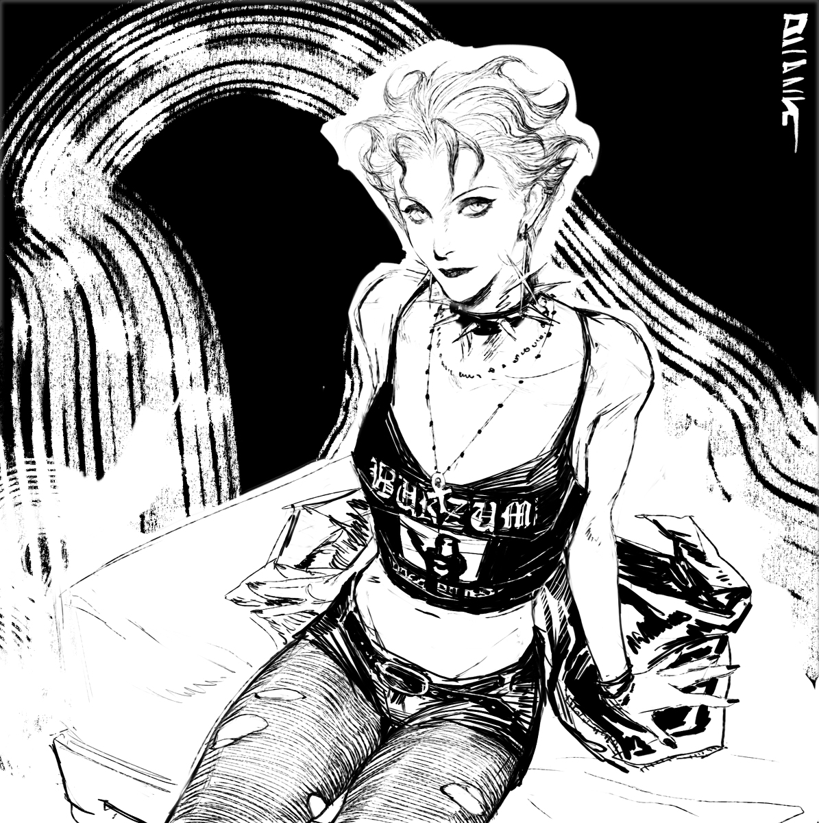 the image is a striking black and white illustration of a young woman with a punk/goth aesthetic. she is depicted sitting, wearing ripped jeans, a cropped top with what appears to be a band logo ("burzum"), a choker, and multiple necklaces. her short hair is styled somewhat messily.  the background features a dynamic, abstract design of swirling black lines and white spaces, creating a textured and energetic feel. the style suggests influences from graphic novels, comics, or manga. the overall mood is dark, edgy, and rebellious, with the woman's pose and attire contributing to this impression. the artist's signature "dilling" is visible in the upper right corner.