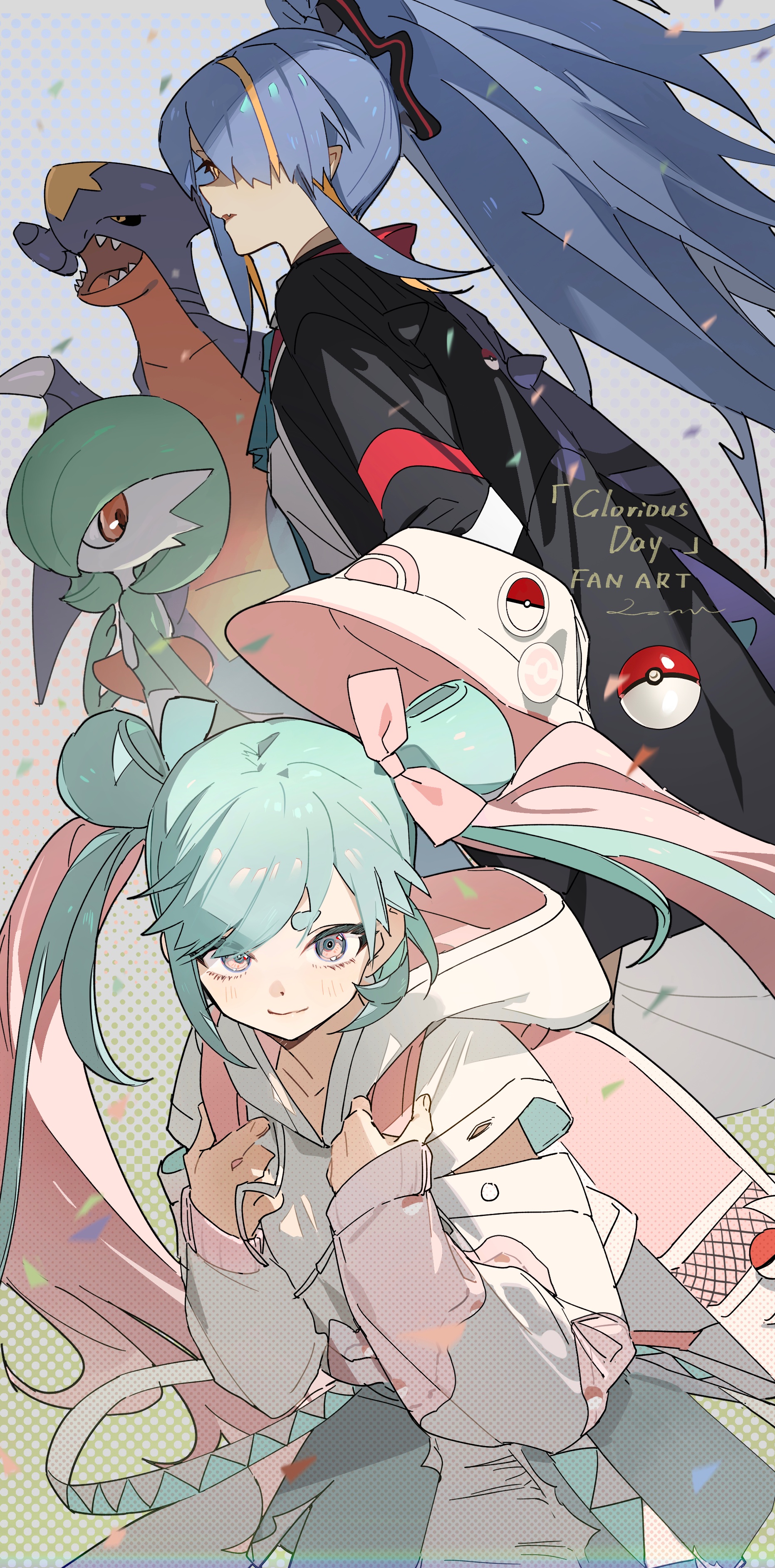 he image showcases vibrant digital fanart. three animestyle girls, each with unique hair colors and outfits, are depicted in a cheerful and lively pose. they appear to be celebrating or enjoying themselves, surrounded by pokemonlike creatures. the art style is modern and appealing, blending elements of anime and fantasy. the color palette is predominantly pastel, with pops of bright, saturated colors that add energy to the scene. the overall aesthetic suggests a feeling of joy and camaraderie among the characters. the background features a subtle pattern of confettilike shapes, adding to the celebratory atmosphere. the piece is marked as "glorious day fan art," suggesting it is fanmade artwork created to celebrate a specific event or character.