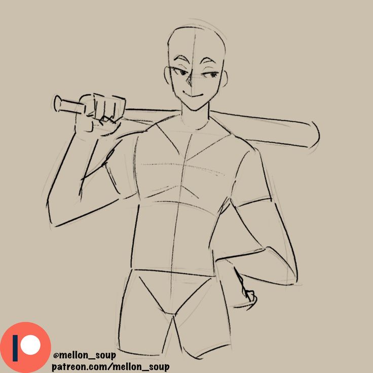 a handdrawn sketch of a male character with a baseball bat. the character is standing with one arm raised, holding the bat above their shoulder.