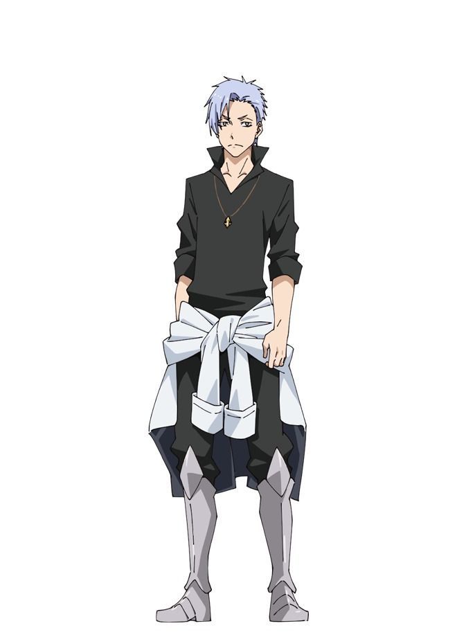 the image shows a male anime character with white hair, wearing a black shirt with a gold pendant, white pants, and grey boots. he is standing with his hands in his pockets, looking down with a serious expression. the background is a white blank space.