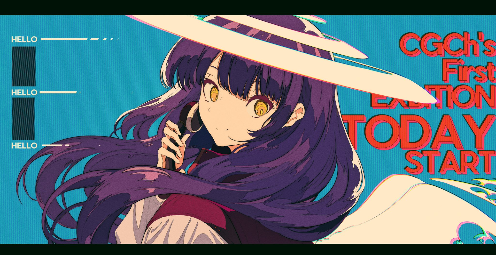 the image is a vibrant digital illustration of an animestyle girl with long, flowing purple hair. she's wearing a halolike headpiece and what appears to be headphones or a microphone, suggesting a musical or performance context. her expression is gentle and calm.  the background features a bold, retrostyle announcement proclaiming "cgch's first exhibition today start," written in a stylized, almost glitching font. the color scheme is bright and contrasting, with strong pops of teal, purple, and red. the overall style is a blend of anime aesthetics with elements of pop art and retro design.  three small "hello" boxes are visible at the left, possibly mimicking a screen or interface element, adding another layer of visual complexity.