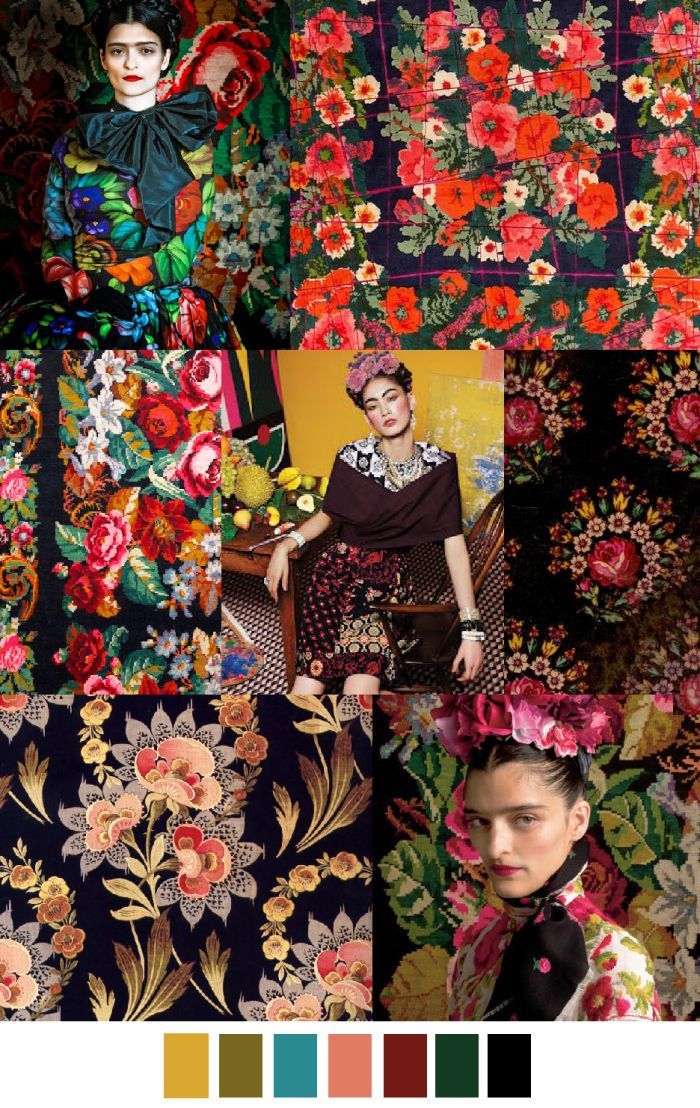 a collage of floral patterns, designs, and fashion inspiration, featuring several closeup shots of textiles with different floral patterns in various colors and a color palette at the bottom of the image.
