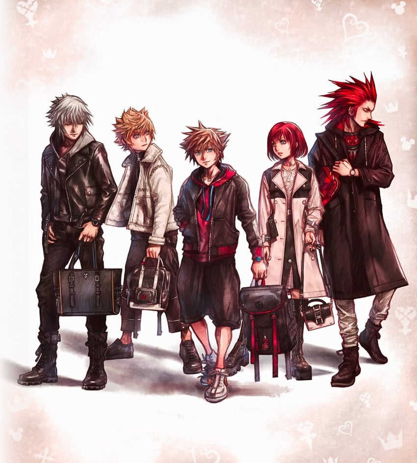 five anime characters posing for a group photo in front of a white background. they are all wearing modern, stylish clothing with backpacks. the person in the middle is slightly forward than the others.
