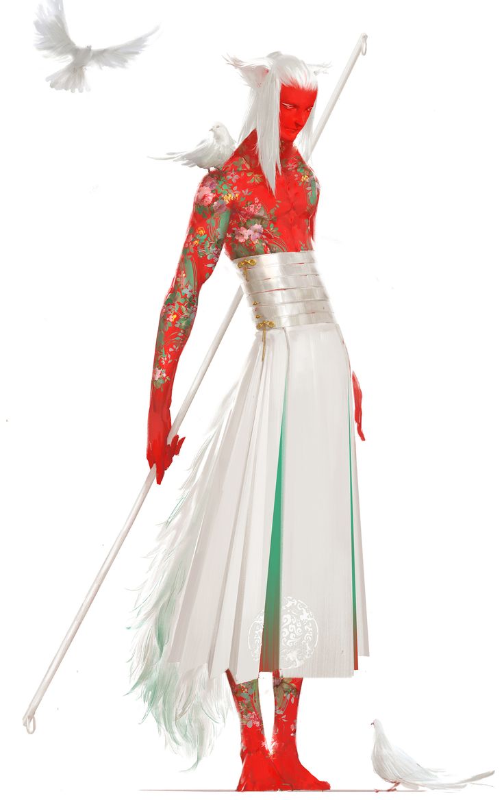 a tall, elegant, redskinned, humanoid character wearing a white dress, standing with a white pole in their hand. the dress has a green lining and is very long, with the bottom portion being a white feathered train. the character has long white hair, a red face, and is wearing decorative floral tattoos all over their body. they have pointy catlike ears and are holding a staff in their right hand. there are three white doves in the image, two are flying and one is sitting on the floor. the background is a white void.  the character's design is fantastical and combines traditional japanese and easterninspired elements with a stylized, modern feel.  the artwork appears to be a digital illustration, and it's created with a soft, painterly style that gives it a dreamlike quality.