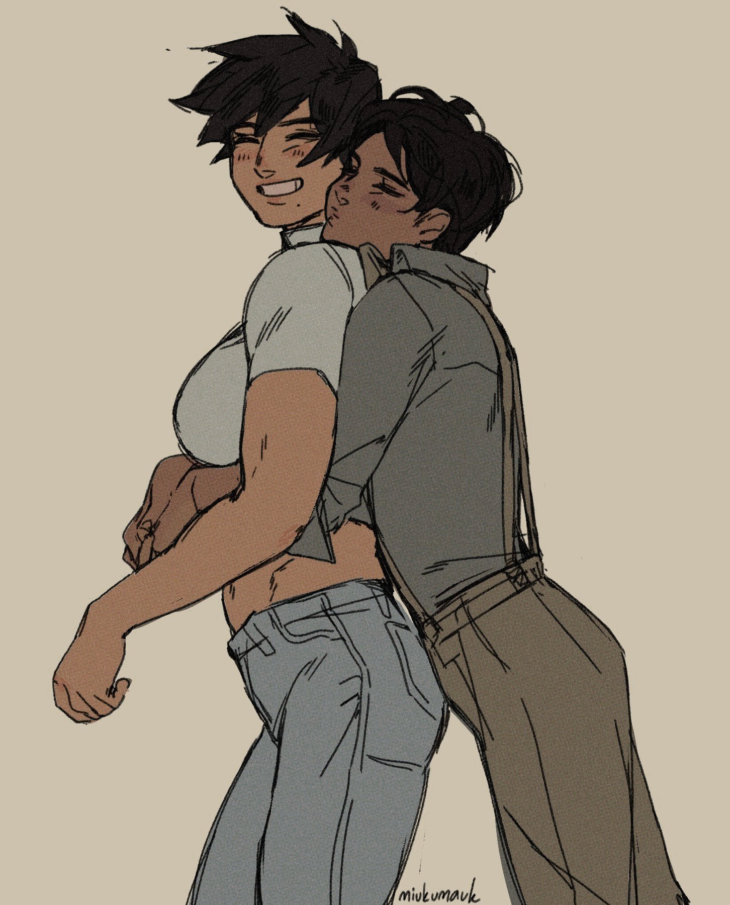 a cartoon illustration of a couple hugging each other. the female is on the left side of the image, and she has short black hair. she is wearing a white shirt, jeans, and has a smile on her face. the male is on the right side of the image, and he has black hair and a more serious facial expression. he is wearing a brown jacket, jeans, and has his arm around the female.