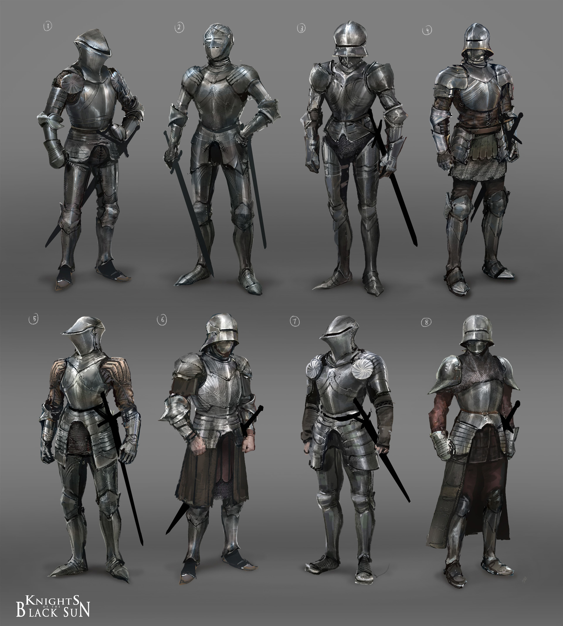 the image showcases eight distinct concept designs for knights clad in full body armor, potentially for a dark fantasy setting titled "knights black sun."  each knight features unique elements of armor, such as different helmets, pauldrons, and tassets.  the poses vary slightly, with some knights holding their swords at rest while others adopt a more battleready stance.  the overall aesthetic leans towards realism with meticulous detail given to the armor's texture and weathering.