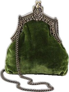 a green velvet purse with a silver ornate clasp and chain strap.  the purse has a soft, luxurious look and feel and is perfect for a special occasion.