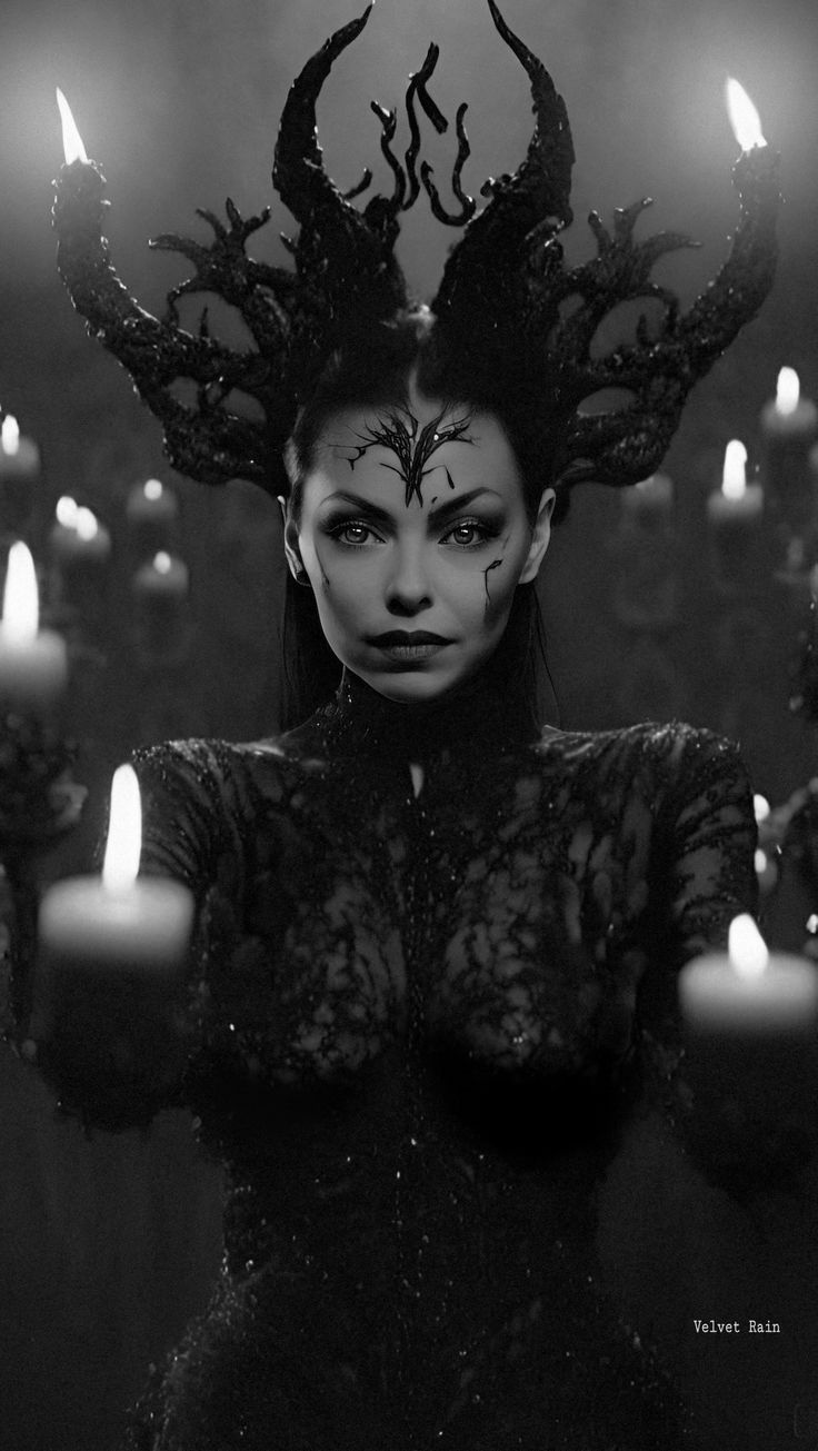 the image is a striking black and white portrait of a woman adorned in an elaborate, dark, horned headdress that resembles antlers or a devil's horns.  she is wearing a dark, lacy gown and has dark, dramatic makeup. the background is dark and moody, filled with the soft glow of many candles, enhancing the overall gothic and mystical atmosphere. the woman's expression is serious and intense, giving her an air of mystery and power.  the overall style is gothic fantasy or dark romantic. the image's quality is high, with fine details visible in both the costume and the woman's features. the watermark "velvet rain" is visible in the bottom right corner.
