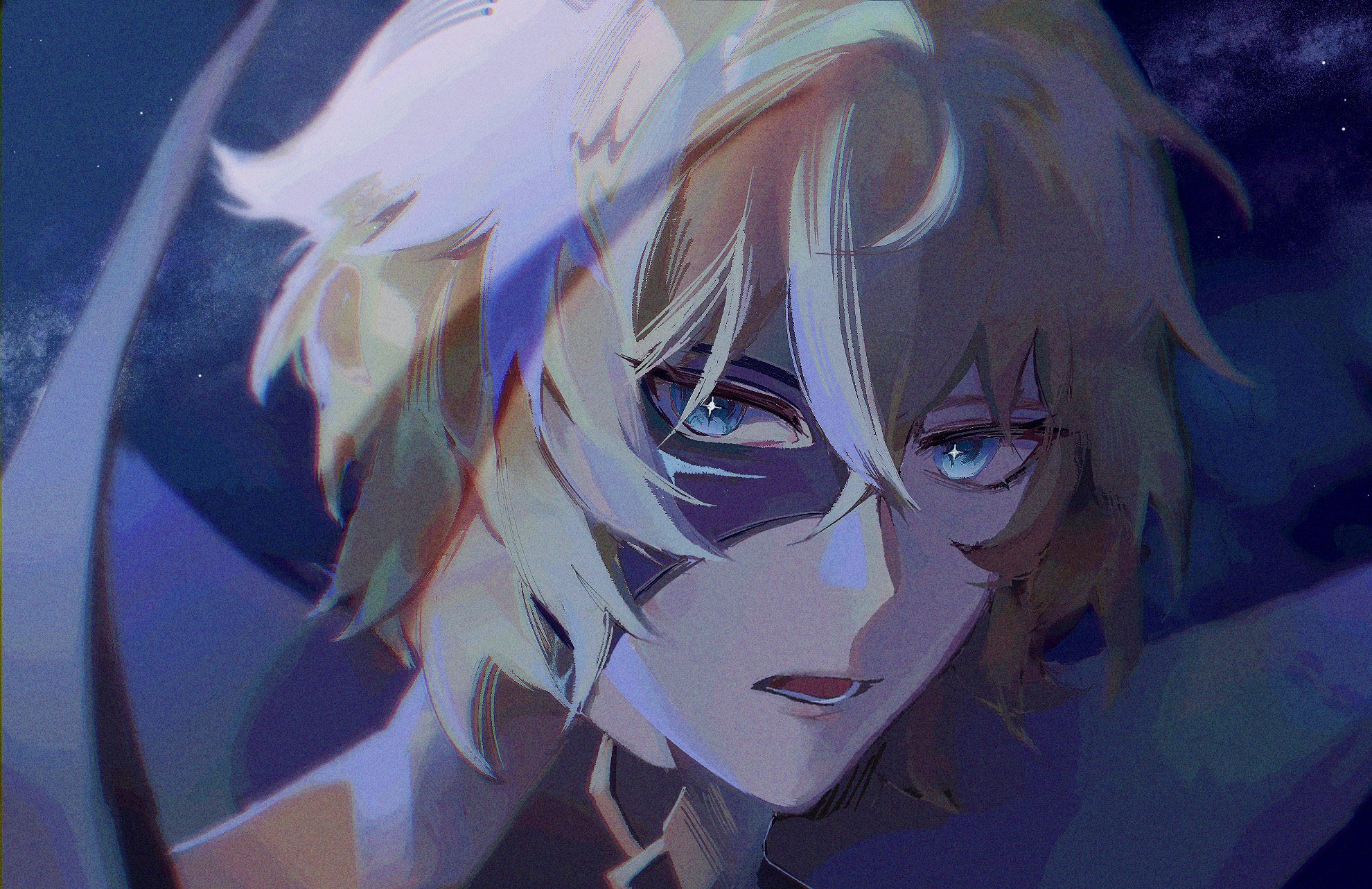 a digital portrait in anime style features a male character with blonde hair and piercing blue eyes. he wears a mask that covers the upper part of his face. the character is set against a dark blue background suggestive of a night scene. the lighting creates strong shadows and highlights on his face, emphasizing a serious expression. the pupils of his eyes are designed with a starlike shape.