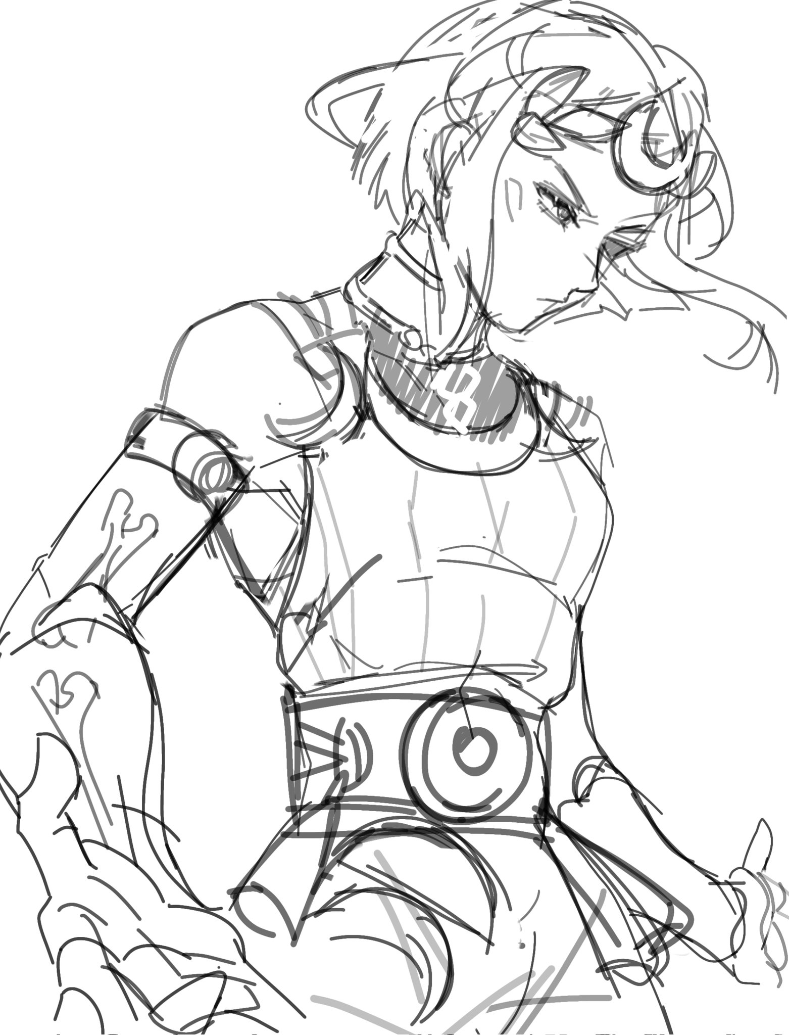 a black and white sketch of a female character in fantasy armor looking down. the character has short, slightly wavy hair and appears to be wearing some kind of armor or outfit with circular decorative elements on the belt and shoulder. the style is rough, suggesting a preliminary sketch rather than a finished drawing.