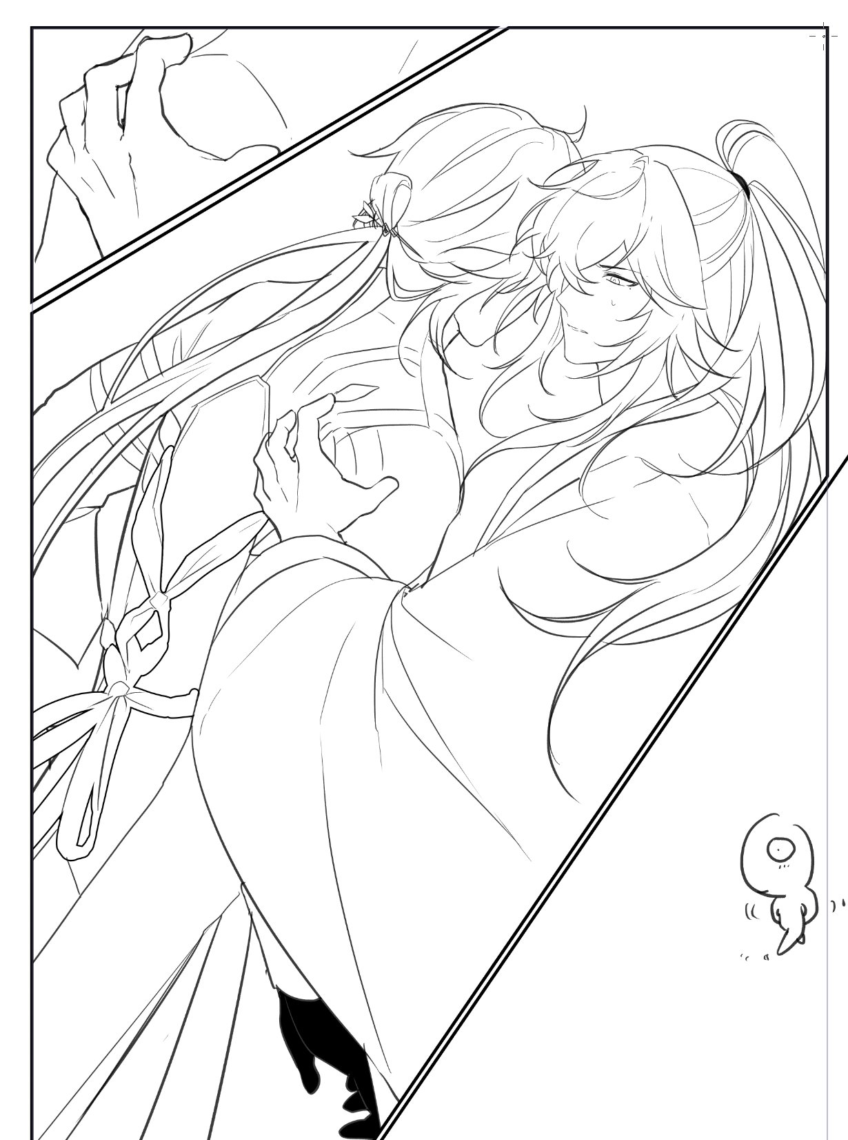 a black and white line drawing of two anime characters embracing each other. the characters are both male and female. the female character has long flowing hair and is hugging the male character from behind. the male character is leaning into the hug, with his head resting on the female character's shoulder. the drawing is done in a simple style with bold lines and minimal detail. the overall mood of the image is romantic and tender.